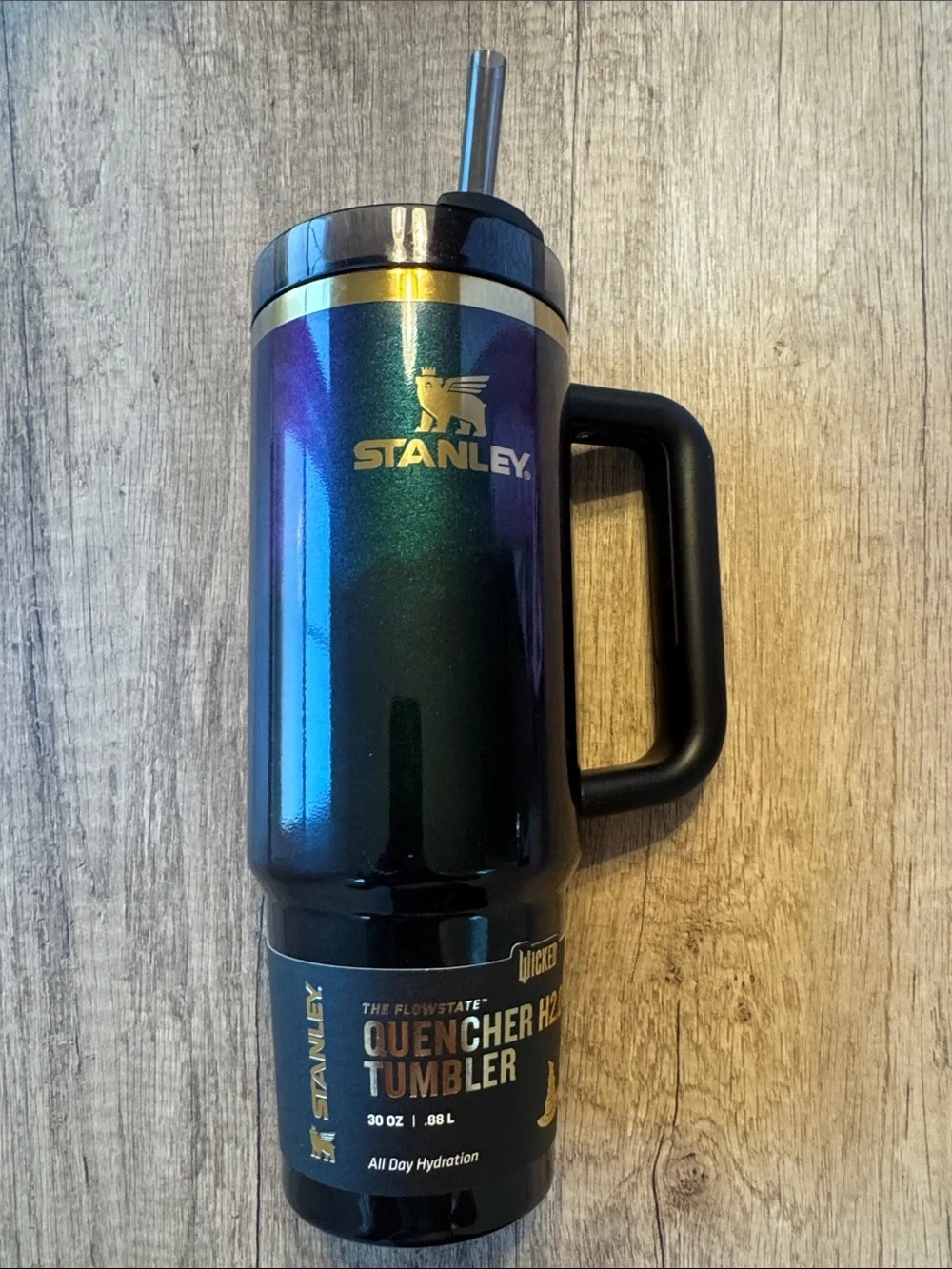 Stanley Black Travel Tumbler with Gold Accent and Handle